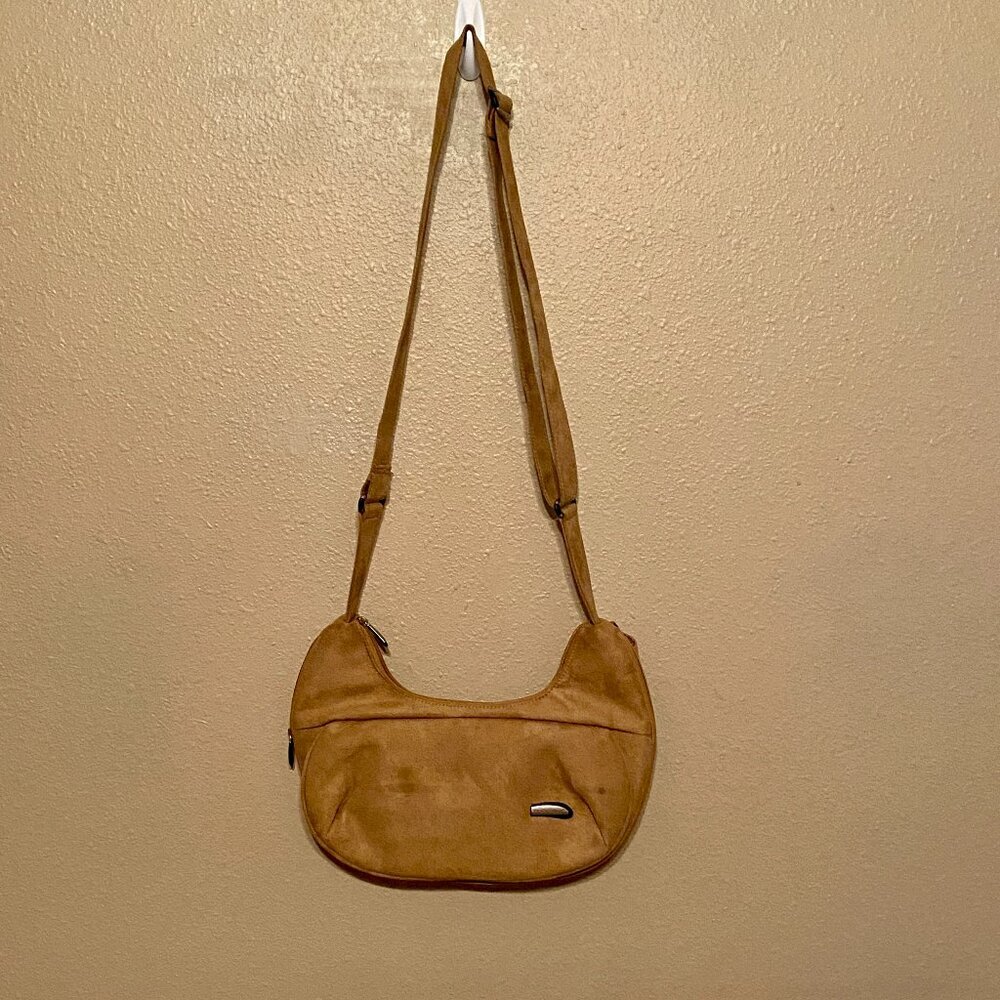 TRAVELON Anti-Theft Travel Purse Tan Faux Suede Hobo Handbag Zip Pockets